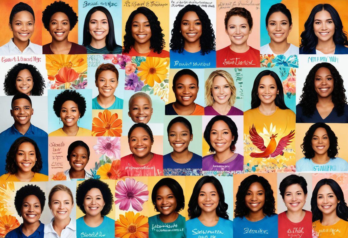 A vibrant collage of diverse individuals sharing their inspiring survivor stories, showcasing expressions of hope and determination. Incorporate elements symbolizing resilience, like a phoenix rising and blooming flowers, intertwined with soft, encouraging words. Use warm, uplifting colors to evoke a sense of comfort and strength. super-realistic. vibrant colors. inspirational theme.