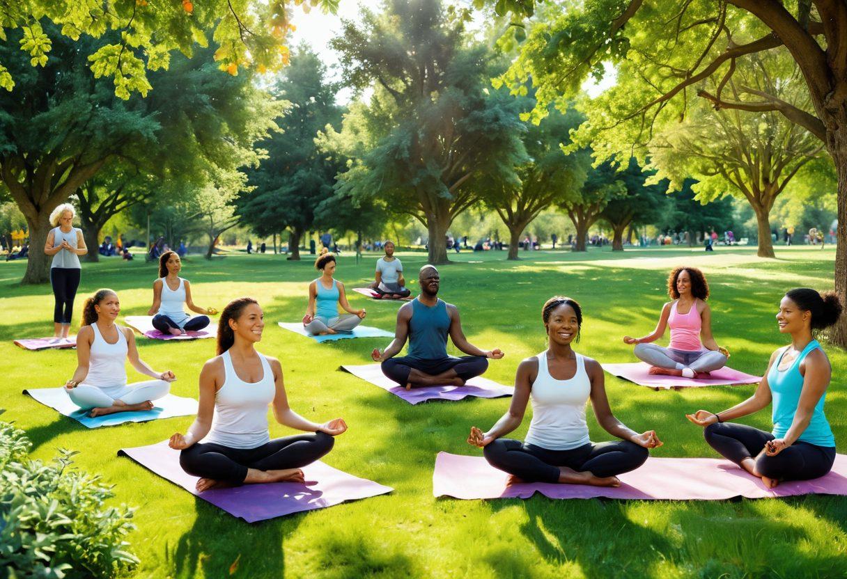 A transformative scene depicting a diverse group of individuals engaging in various healthy lifestyle activities, such as yoga, cooking nutritious meals, and cycling in a sunny park. Include vibrant fruits and vegetables as a colorful background, symbolizing health and vitality, with gentle sunlight filtering through green trees. The atmosphere radiates positivity and inspiration, encouraging wellness and community support. super-realistic. vibrant colors. cheerful ambiance.