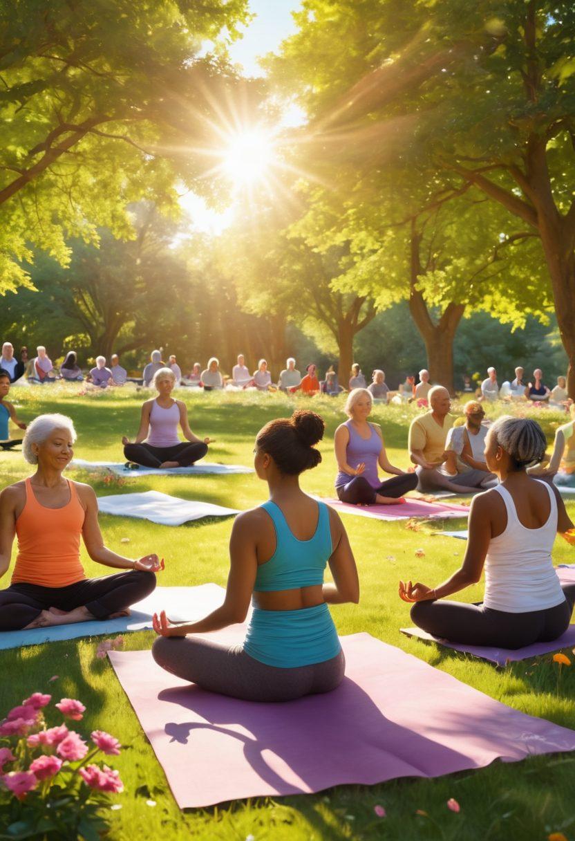 A serene scene depicting a diverse group of cancer survivors in a sunlit park, engaging in various activities like yoga, painting, and talking, symbolizing strength and hope. Include elements such as vibrant flowers, supportive friends, and a radiant sun in the background, illustrating the beauty of life beyond diagnosis. super-realistic. vibrant colors. calming atmosphere.
